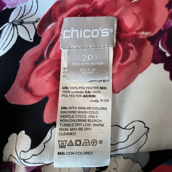 Chico's 2 petite large 12 Long Sleeve Floral Red Black Blouse Shirt Top Tropical - Picture 9 of 12